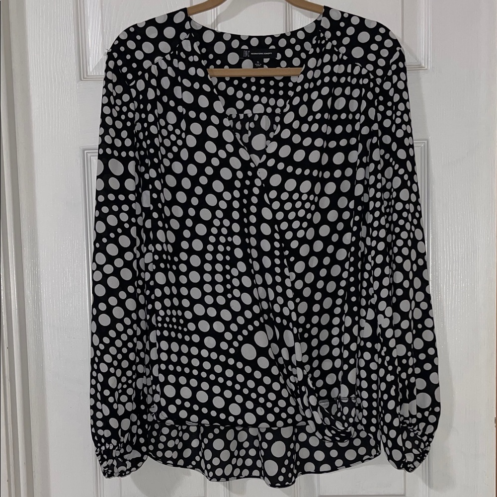INC International Concepts Black and White Surplice long sleeve blouse